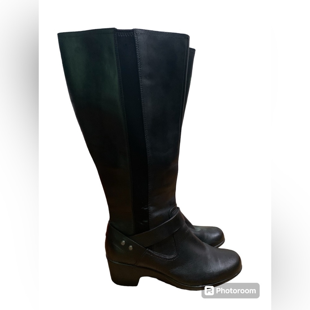 Clarks Black Knee high Riding Boots Size 8.5 Stretch Elastic